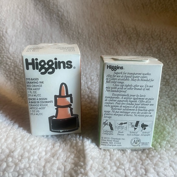 Higgins Red Orange & Leaf Green Dye Drawing Ink Paint 1oz each - Picture 2 of 6